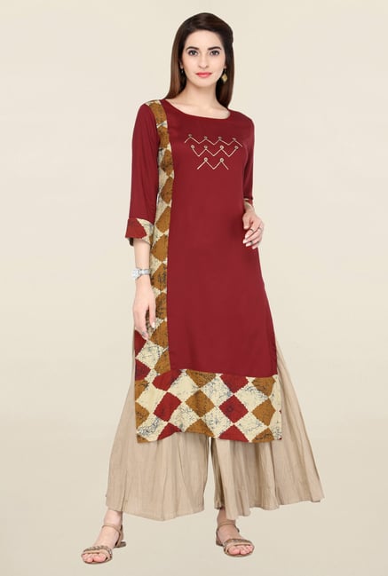 Varanga Red & Beige Embroidered Kurta With Palazzo Varanga Red & Beige Embroidered Kurta With Palazzo