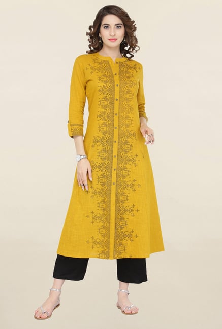 Varanga Mustard & Black Printed Kurta With Pants Varanga Mustard & Black Printed Kurta With Pants