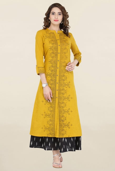 Varanga Mustard & Black Printed Kurta With Palazzo Varanga Mustard & Black Printed Kurta With Palazzo