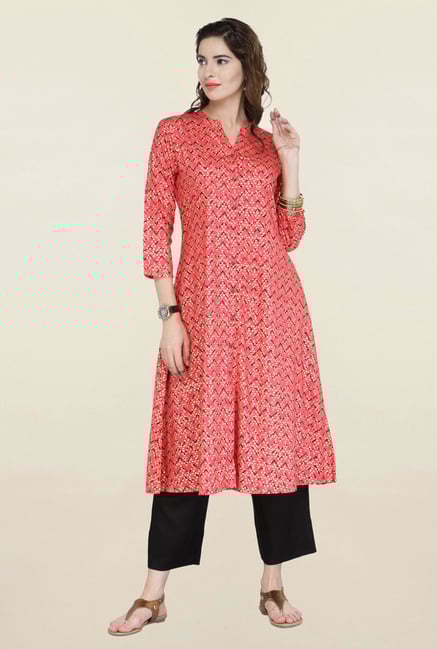 Varanga Orange Printed Cotton Kurta Varanga Orange Printed Cotton Kurta