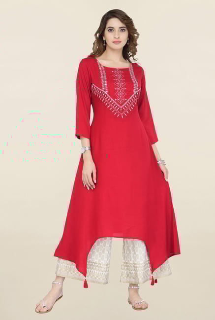 Varanga Red & White Embroidered Kurta With Palazzo Varanga Red & White Embroidered Kurta With Palazzo