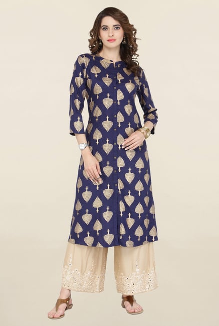 Varanga Blue & Beige Printed Kurta With Palazzo Varanga Blue & Beige Printed Kurta With Palazzo