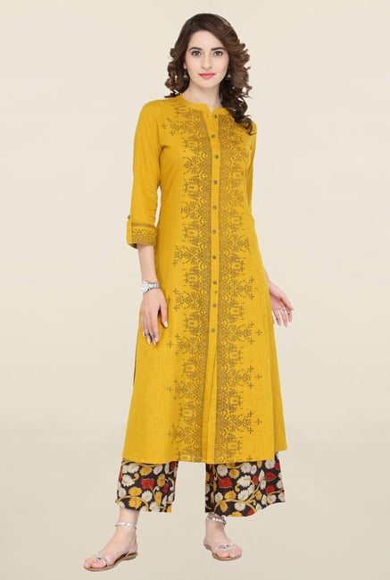 Varanga Mustard & Black Printed Kurta With Palazzo Varanga Mustard & Black Printed Kurta With Palazzo
