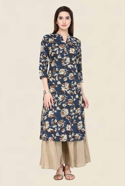 Varanga Teal & Beige Printed Kurta With Palazzo Varanga Teal & Beige Printed Kurta With Palazzo