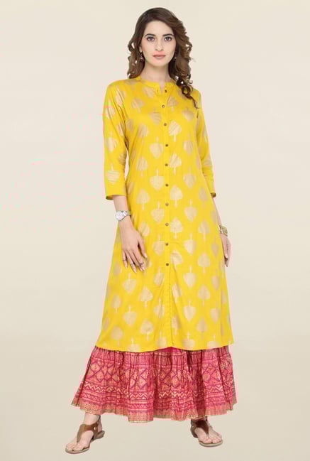 Varanga Yellow & Pink Printed Kurta With Skirt Varanga Yellow & Pink Printed Kurta With Skirt