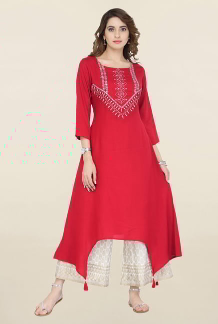 Varanga Red Embroidered Viscose Kurta Varanga Red Embroidered Viscose Kurta