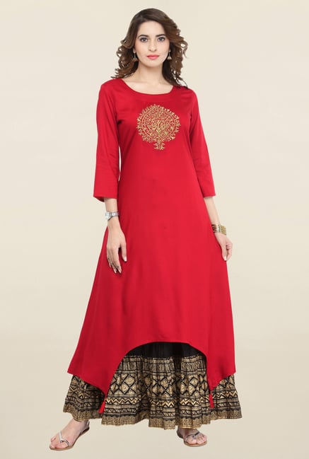 Varanga Red Embroidered Viscose Kurta Varanga Red Embroidered Viscose Kurta