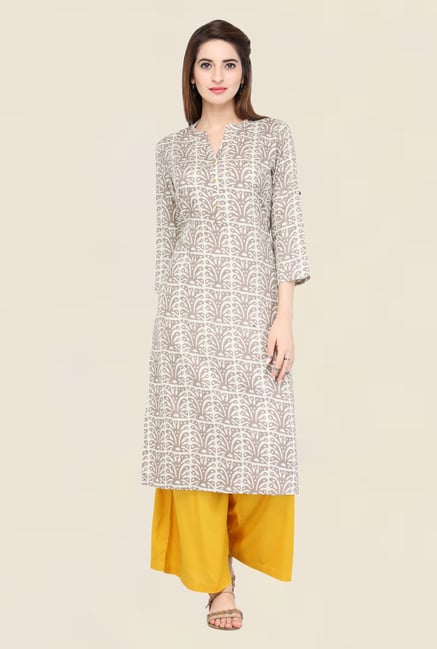 Varanga Beige & Yellow Printed Kurta With Palazzo Varanga Beige & Yellow Printed Kurta With Palazzo