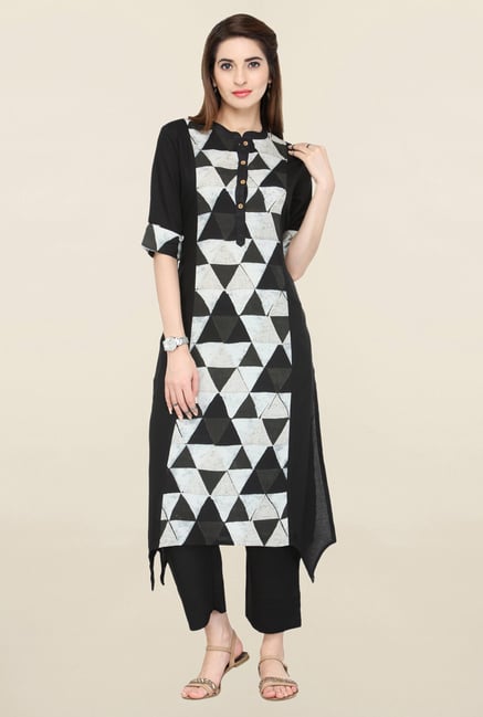 Varanga Black Geometric Print Kurta With Pants Varanga Black Geometric Print Kurta With Pants