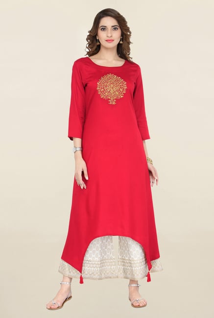 Varanga Red & White Embroidered Kurta With Palazzo Varanga Red & White Embroidered Kurta With Palazzo