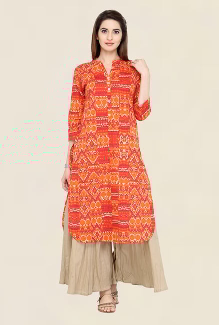 Varanga Orange & Beige Printed Kurta With Palazzo Varanga Orange & Beige Printed Kurta With Palazzo