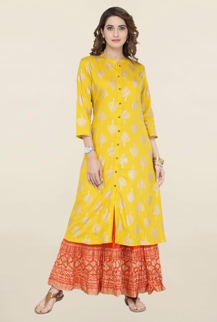 Varanga Yellow & Orange Printed Kurta With Skirt Varanga Yellow & Orange Printed Kurta With Skirt
