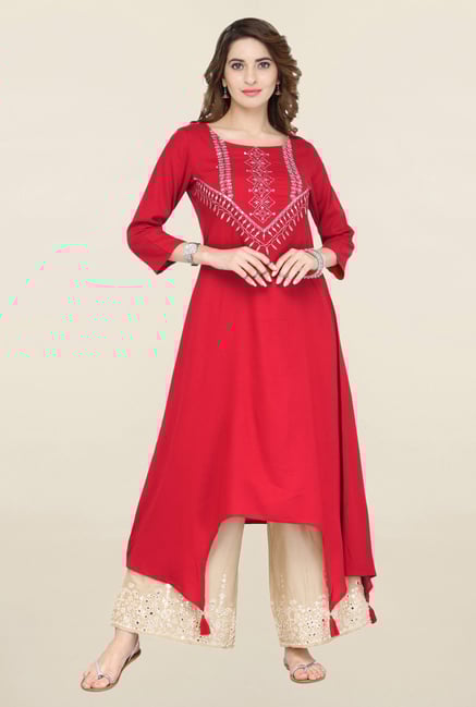 Varanga Red & Beige Embroidered Kurta With Palazzo Varanga Red & Beige Embroidered Kurta With Palazzo