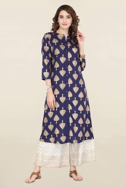 Varanga Blue & White Printed Kurta With Palazzo Varanga Blue & White Printed Kurta With Palazzo