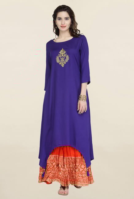 Varanga Blue & Red Embroidered Kurta With Skirt Varanga Blue & Red Embroidered Kurta With Skirt