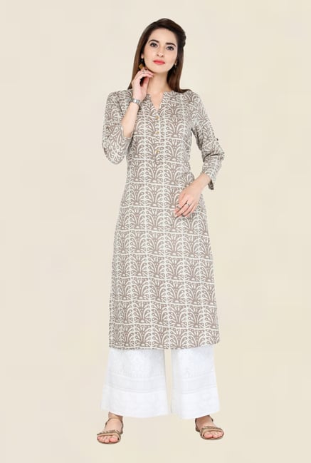 Varanga Beige & White Printed Kurta With Palazzo Varanga Beige & White Printed Kurta With Palazzo