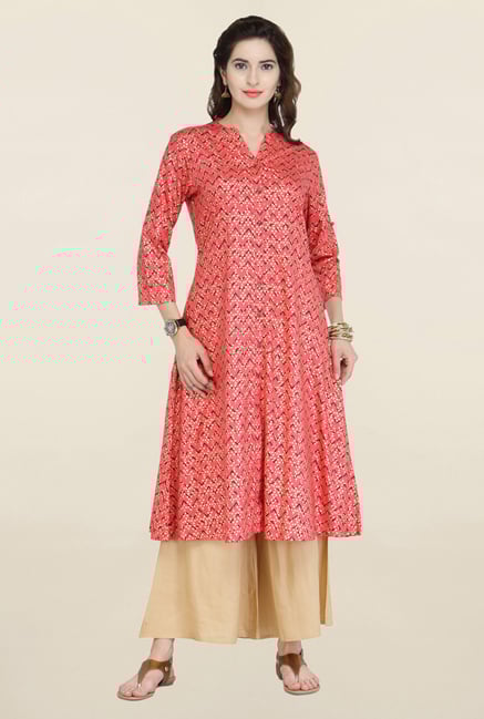 Varanga Orange & Beige Printed Kurta With Palazzo Varanga Orange & Beige Printed Kurta With Palazzo