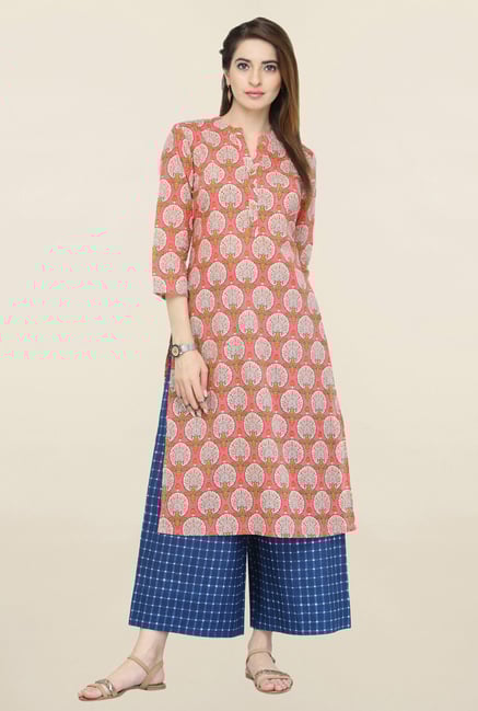 Varanga Peach & Blue Printed Kurta With Palazzo Varanga Peach & Blue Printed Kurta With Palazzo