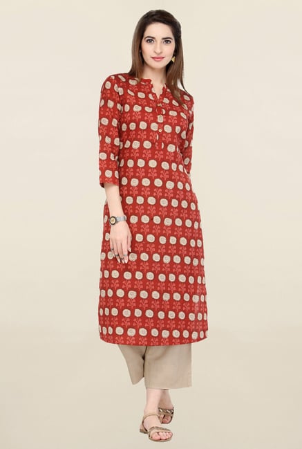 Varanga Red & Beige Printed Kurta With Pants Varanga Red & Beige Printed Kurta With Pants