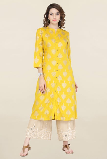Varanga Yellow & Beige Printed Kurta With Palazzo Varanga Yellow & Beige Printed Kurta With Palazzo