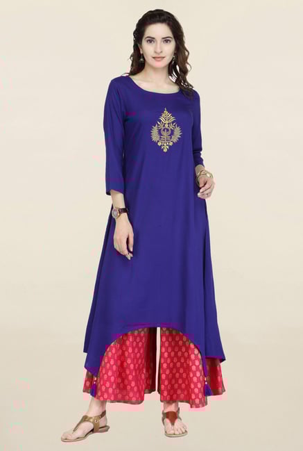 Varanga Blue Embroidered Viscose Kurta Varanga Blue Embroidered Viscose Kurta
