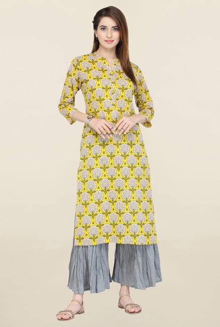 Varanga Yellow & Grey Printed Kurta With Palazzo Varanga Yellow & Grey Printed Kurta With Palazzo