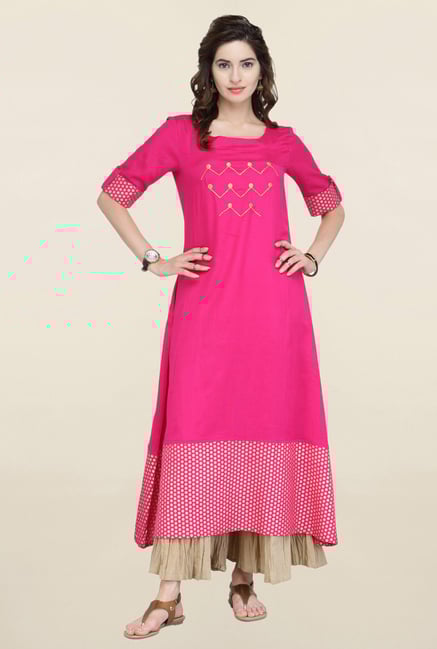 Varanga Pink Embroidered Cotton Kurta Varanga Pink Embroidered Cotton Kurta