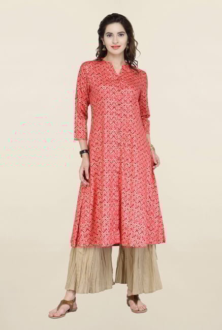 Varanga Orange & Beige Printed Kurta With Palazzo Varanga Orange & Beige Printed Kurta With Palazzo