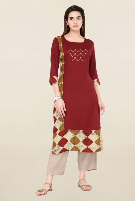 Varanga Red & Beige Embroidered Kurta With Pants Varanga Red & Beige Embroidered Kurta With Pants