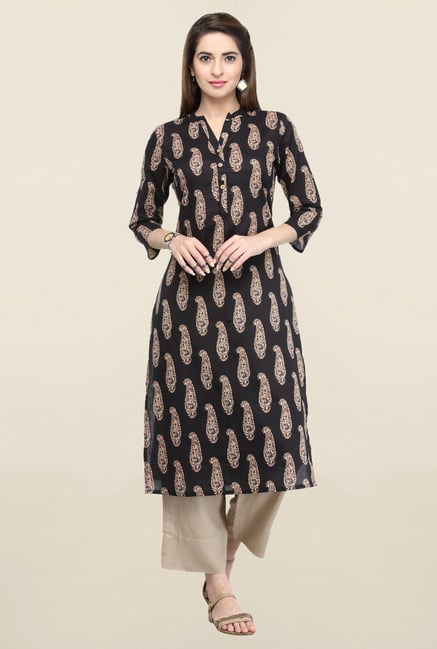 Varanga Black & Beige Printed Kurta With Pants Varanga Black & Beige Printed Kurta With Pants