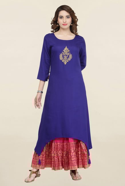 Varanga Blue & Pink Embroidered Kurta With Skirt Varanga Blue & Pink Embroidered Kurta With Skirt