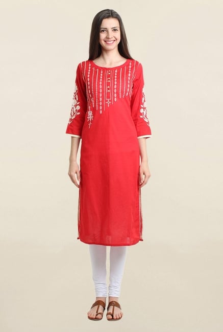 Suthidori Red Embroidered Kurta Suthidori Red Embroidered Kurta