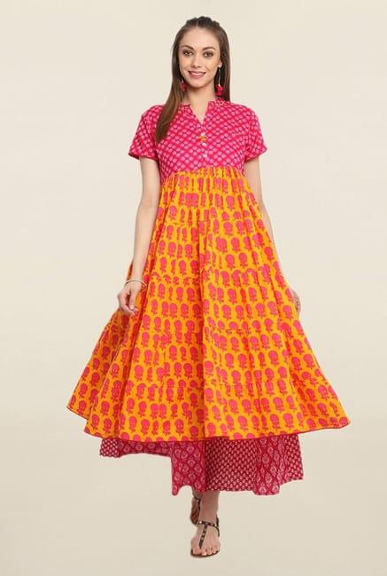 Suthidori Pink & Yellow Printed Anarkali Kurta Suthidori Pink & Yellow Printed Anarkali Kurta