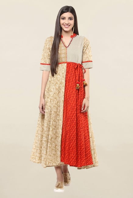 Suthidori Beige & Orange Printed Anarkali Kurta Suthidori Beige & Orange Printed Anarkali Kurta