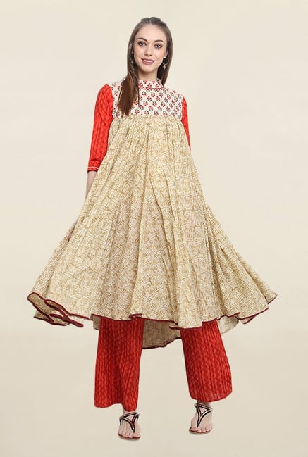 Suthidori Beige Printed Anarkali Kurta Suthidori Beige Printed Anarkali Kurta