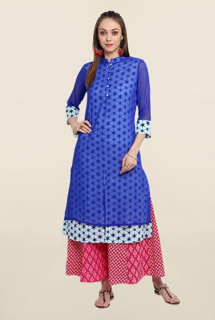 Suthidori Blue Printed Straight Kurta Suthidori Blue Printed Straight Kurta