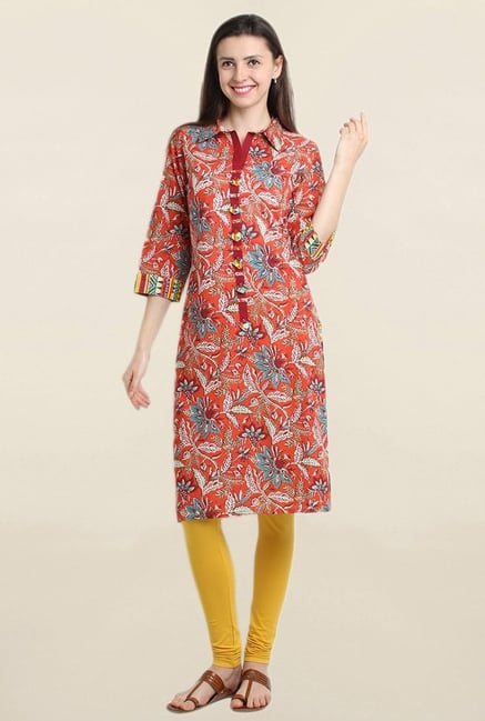 Suthidori Orange Printed Straight Kurta Suthidori Orange Printed Straight Kurta