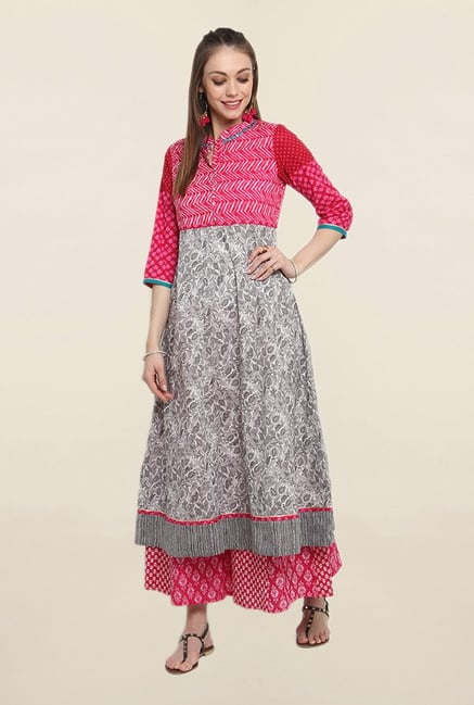 Suthidori Grey & Pink Printed Anarkali Kurta Suthidori Grey & Pink Printed Anarkali Kurta