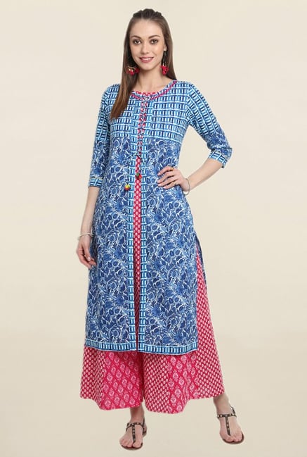 Suthidori Blue Printed Straight Kurta Suthidori Blue Printed Straight Kurta
