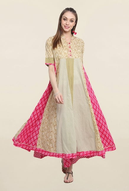 Suthidori Beige Printed Anarkali Kurta Suthidori Beige Printed Anarkali Kurta