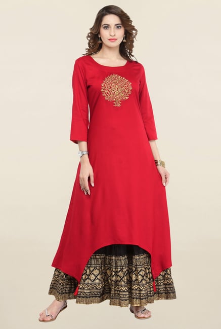 Varanga Red & Black Embroidered Kurta With Palazzo Varanga Red & Black Embroidered Kurta With Palazzo