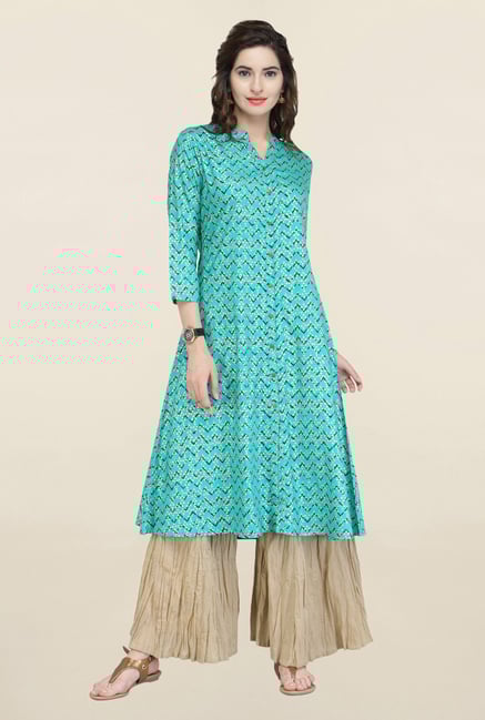 Varanga Turquoise & Beige Printed Kurta With Palazzo Varanga Turquoise & Beige Printed Kurta With Palazzo