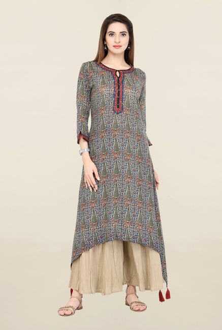 Varanga Teal & Beige Printed Kurta With Palazzo Varanga Teal & Beige Printed Kurta With Palazzo