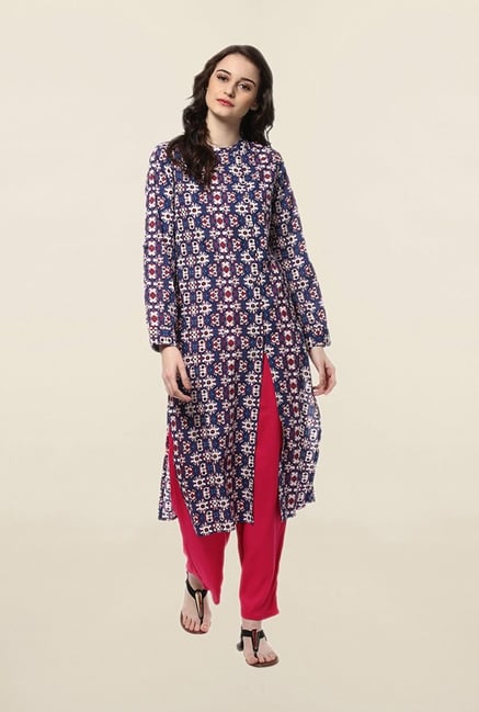 Jaipur Kurti Navy & Pink Printed Kurta With Palazzo Set Jaipur Kurti Navy & Pink Printed Kurta With Palazzo Set