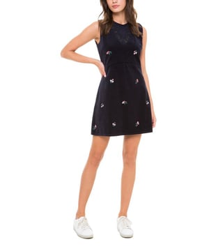 Juicy Couture Blue Floral Embroidered Velour Fitted Dress Juicy Couture Blue Floral Embroidered Velour Fitted Dress