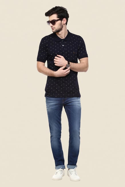 Turtle Navy Printed Polo T Shirt Turtle Navy Printed Polo T Shirt