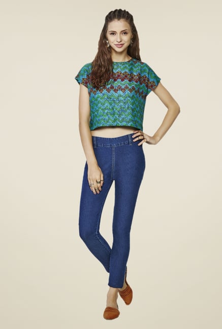 Global Desi Green & Blue Printed Crop Top Global Desi Green & Blue Printed Crop Top