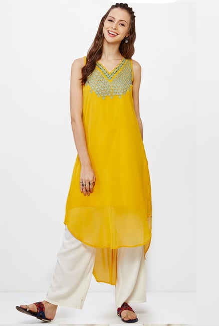 Global Desi Mustard Embroidered Kurta Global Desi Mustard Embroidered Kurta
