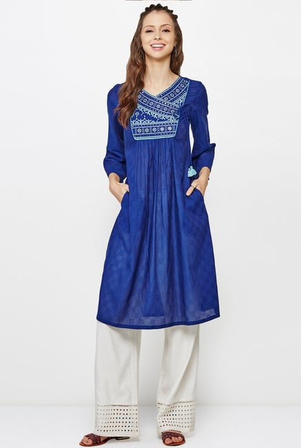 Global Desi Dark Blue Embroidered Kurti Global Desi Dark Blue Embroidered Kurti