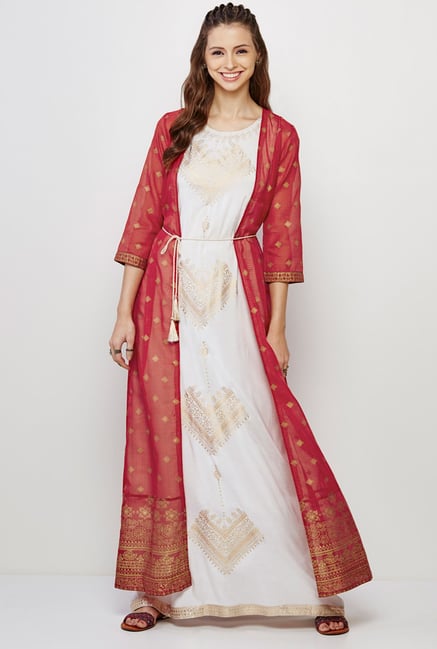 Global Desi Rust & Off White Printed Kurta And Jacket Set Global Desi Rust & Off White Printed Kurta And Jacket Set